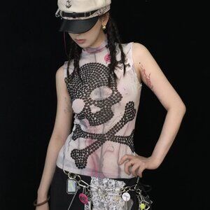 Y2k Subculture Punk Skull Double-sided Printing Mesh Stretch Tank Top